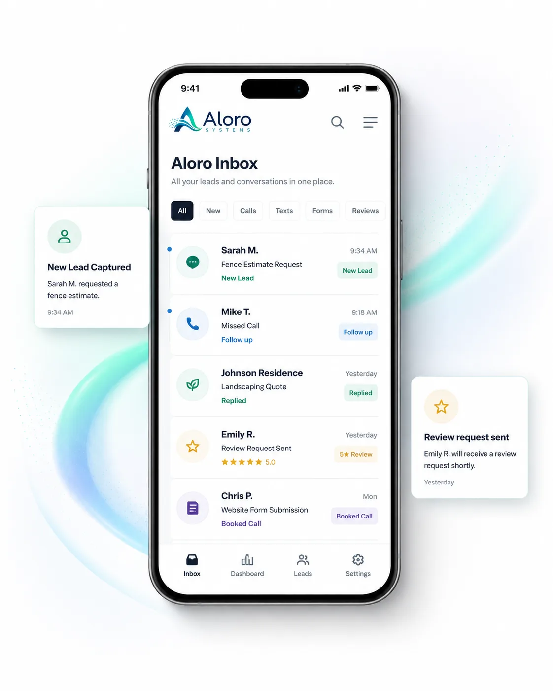 Aloro mobile inbox app showing new leads, missed calls, texts, and review requests in a single list.