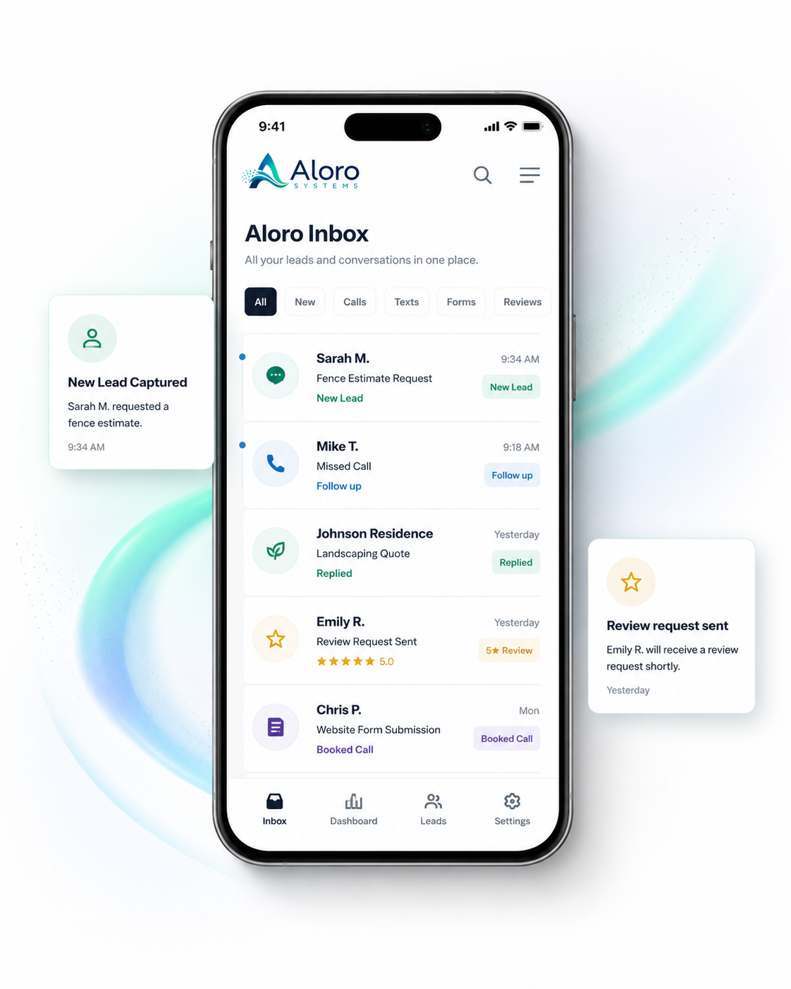 Aloro mobile inbox app showing new leads, missed calls, texts, and review requests in a single list.