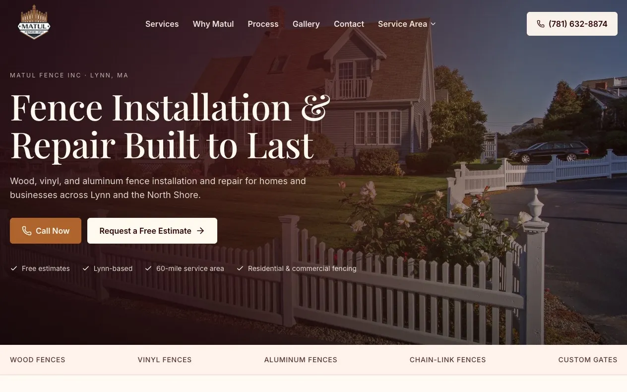 Homepage of Matul Fence Inc, a fence installation and repair company in Lynn, Massachusetts.